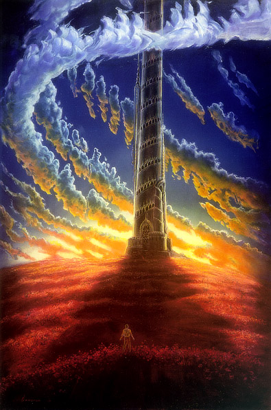 Tour gigantesque et soleil couchant